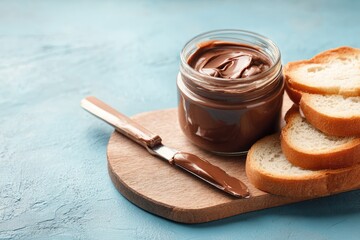 Chocolate hazelnut spread in a jar with toasted bread slices