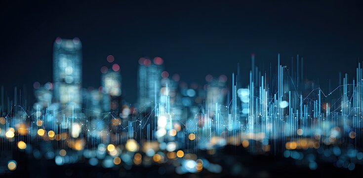 Abstract cityscape at night, overlaid with digital data visualizations