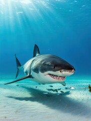 Fototapeta premium A large great white shark swims smoothly over a sandy ocean floor during a sunny day. Small fish swim nearby as light filters down through the water, creating a serene underwater atmosphere