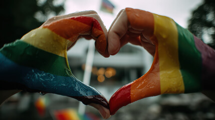 Hands making heart sign with rainbow gloves showing love and pride