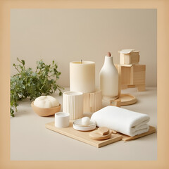 Beige Bamboo Tray with Ivory Candles Soft White Towel and Green Fern