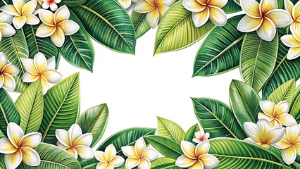 Floral border design with tropical plumeria flowers and leaves vector line art illustration element drawing