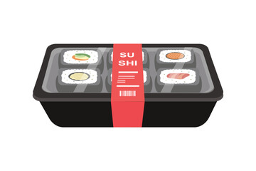Sushi takeout box. Takeaway sushi packaging. Frozen sushi. Asian food. Supermarket packaging food.