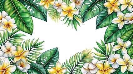 Floral border design with tropical plumeria flowers and leaves vector line art illustration element drawing
