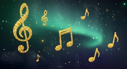 Naklejka premium Golden Music Notes in Cosmic Glow | Treble Clefs and Symbols Floating in Starry Night - music day