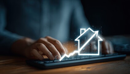 Close-up of hands typing on a keyboard, with a glowing house and upward arrow graphic overlayed