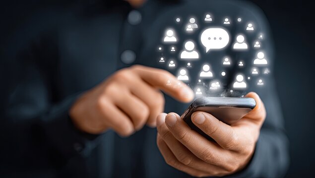 Person using a phone, social media icons appear