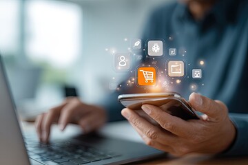 Person using a smartphone with shopping cart icons overlayed, likely for online shopping or e-commerce
