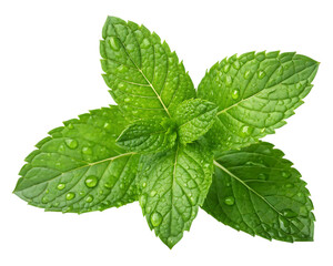 Fresh green mint leaves with water droplets isolated on transparent background