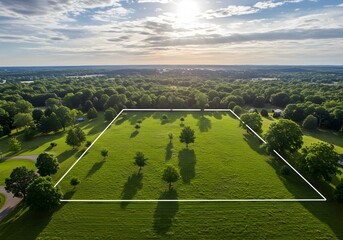 Aerial View of Land with Green Grass, Trees, Sunlight, and Boundary Lines for Real Estate, Development.