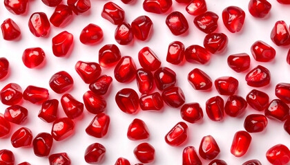 Juicy pomegranate seeds scattered on white background, vibrant red color, fresh, minimal style, healthy snack, clean layout, natural texture