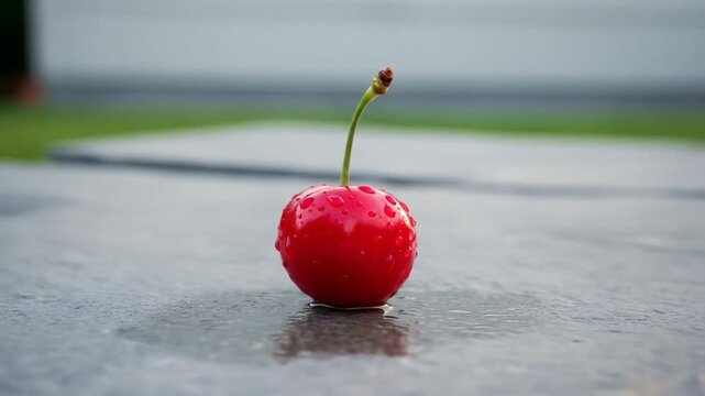 A single vibrant red cherry with a green stem and water droplets resting on a wet grey surface with a blurred background.