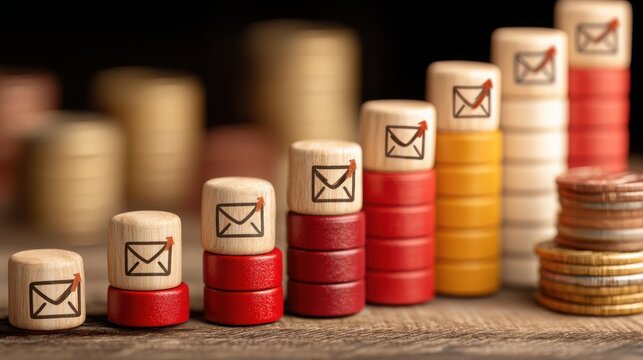 A stack of coins with an email icon signifying data-driven growth and financial communication in modern economy