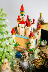 Advent wreath with candles, table handmade arrangement mini decoration for new year, artificial Christmas tree interior decoration