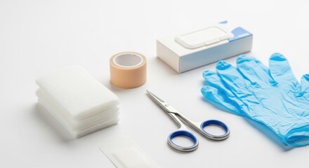 First aid kit with bandage, gauze, adhesive tape, scissor, and gloves isolated on white background