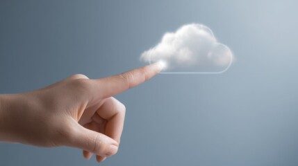 A hand touching a cloud icon representing one-click access to cloud services and digital information technology