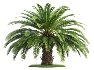 Obraz premium Photorealistic Lush Green Tropical Palm Tree with Brown Trunk and Small Patch of Grass at Base Isolated on a Transparent Background