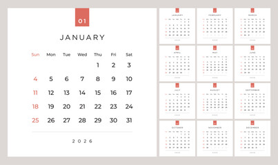 Minimalist style monthly calendar template for 2026 year. English calendar. Week starts on Sunday. Set of 12 months. Simple elegant design. Square composition