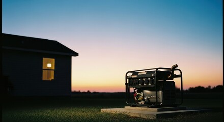 Fototapeta premium Portable generator stands ready outside a house during a power outage at twilight