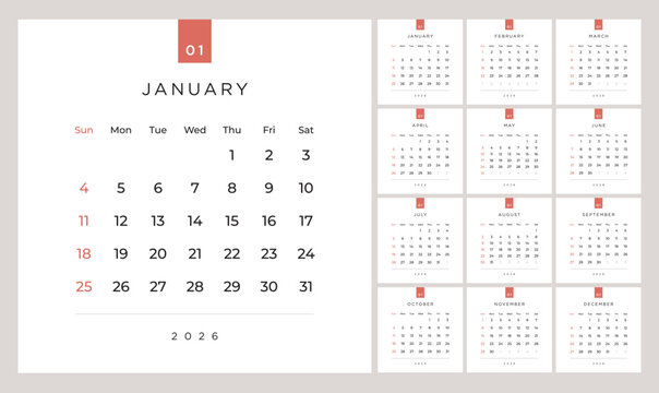 Minimalist style monthly calendar template for 2026 year. English calendar. Week starts on Sunday. Set of 12 months. Simple elegant design. Square composition