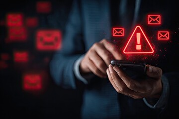 Businessperson holding phone, email alert