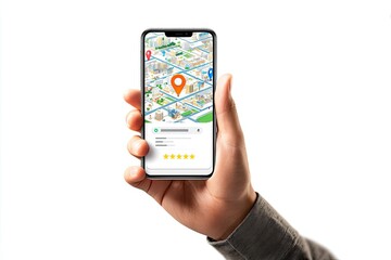 Hand holding a smartphone displaying a city map app with location markers and business information