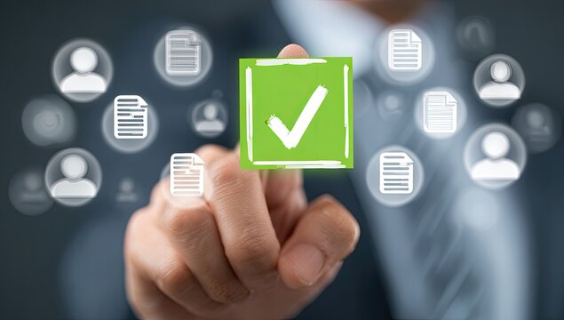 Businessperson's finger touches a green checkmark, surrounded by document and user icons