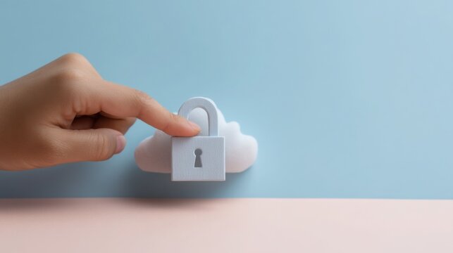 A hand holding a white padlock icon signifying user-triggered security for cloud services and digital data protection