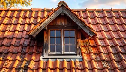 Old Wooden Attic Window on Traditional Red Clay Tile Roof