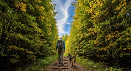Fototapeta premium Man and his dog are hiking on a trail through a forest with green trees