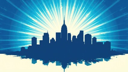 Silhouetted cityscape with radiating light, representing urban development and progress.