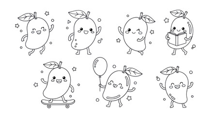Cute kawaii mango characters having fun coloring book page for kids education