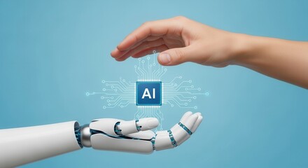 Human Hand Protecting Artificial Intelligence Processor Chip held by Robotic Arm