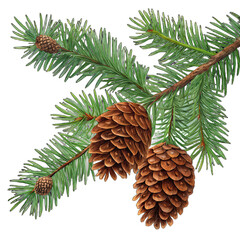 Fototapeta premium Branch of pine with two cones close up pine branch with cones isolated on transparent background pine tree detail transparent pine cone nature image
