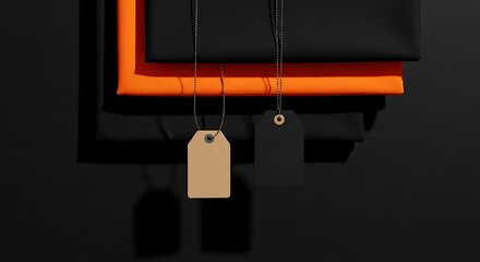 Elegant presentation of fabric swatches in black and vibrant orange with price tags for fashion and interior design marketing campaigns promoting luxury and exclusivity