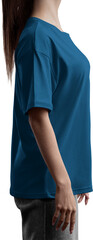 Blue T-shirt oversized mockup with round neckline on girl, png, side view