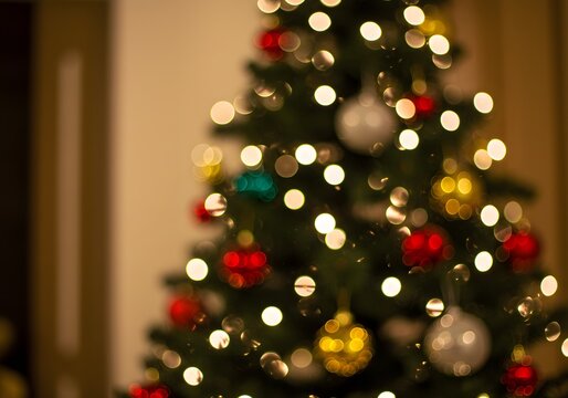 Festive Christmas Tree Decorations with Bokeh Lights, Ornaments, Holiday Background