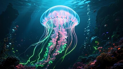 Fototapeta premium Giant jellyfish monster glowing underwater neon bioluminescence cinematic deep sea atmosphere high detail
