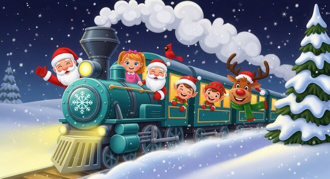 Christmas steam train carrying Santa Claus, reindeer, and children through a winter wonderland