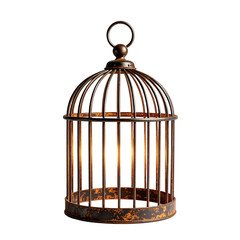 An old, rusted birdcage with vertical metal bars and a domed top, hanging on a small ring. Great for eerie Halloween posters and festive layouts.
