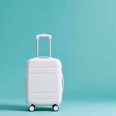 Obraz premium White Suitcase with Telescopic Handle on Solid Teal Background