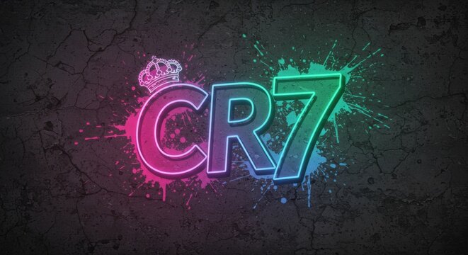 Cr7 neon sign with crown on dark grunge wall