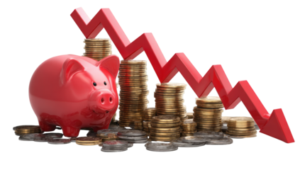 Red piggy bank and stack of coins with a downward trendline