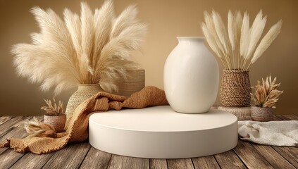 Beige, neutral,  display podium with pampas grass and woven accents