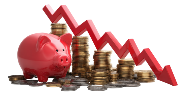 Red piggy bank and stack of coins with a downward trendline