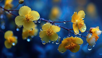 Delicate yellow flowers, glistening with raindrops, on a dark background