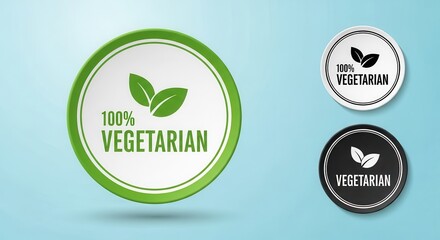 Green and black 100% Vegetarian certified food label badge set, isolated vector illustration