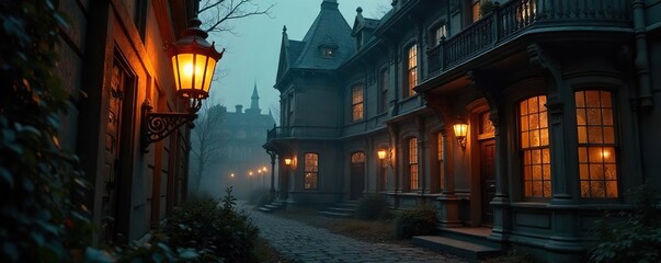 Intricate gas lamp flickering, casting dramatic shadows on ornate Victorian architecture  A scene of elegant decay and gothic romance ,  elegant,  wallpaper,  pattern