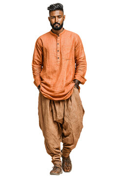 Full length view of IndianMen in Pathani Suit: A twopiece outfit for men consiting of a kurta-style top nd straight-cut pants Isolted on transparent backgrond.