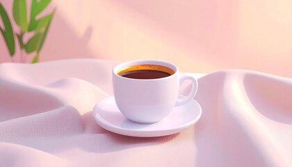 Fototapeta premium White ceramic cup of dark coffee on saucer rests on soft pink draped fabric Blurred green leaves in pastel background
